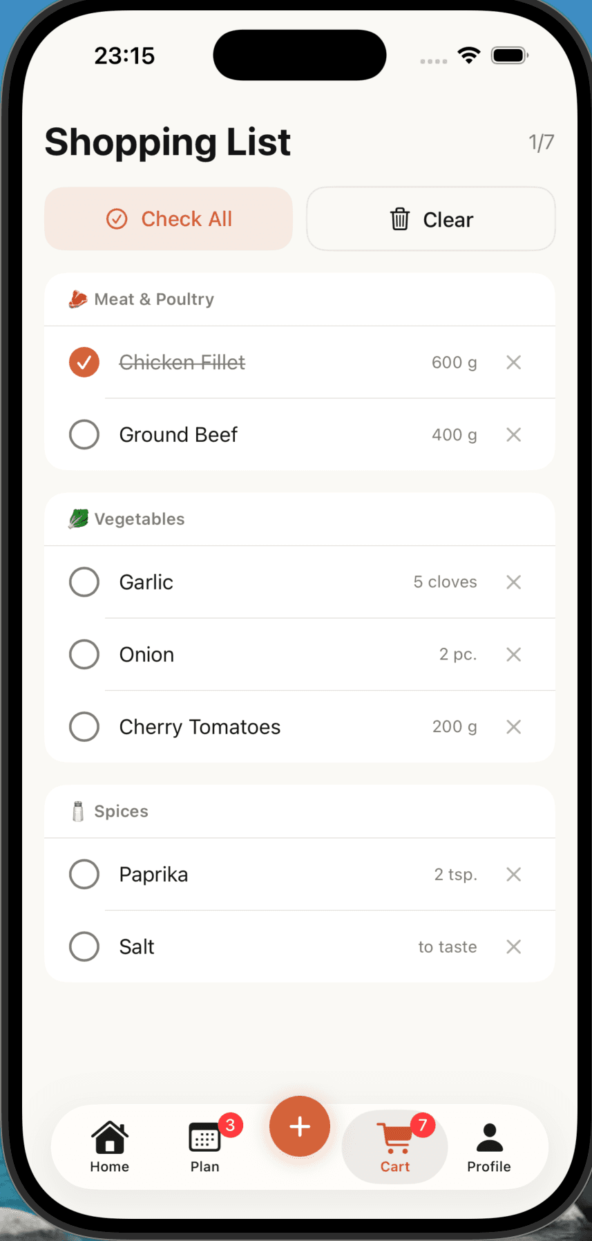 Savie app — meal planning